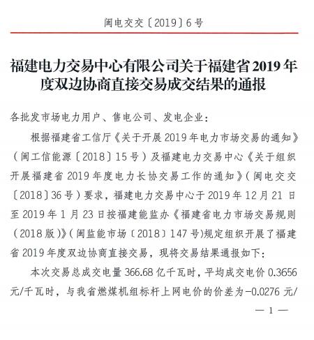 價(jià)差2.76分！福建2019年度雙邊協(xié)商直接交易成交電量366.68億度