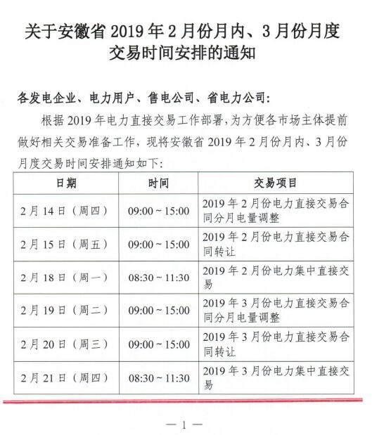  安徽2019年2月份月內(nèi)、3月份月度交易時(shí)間安排