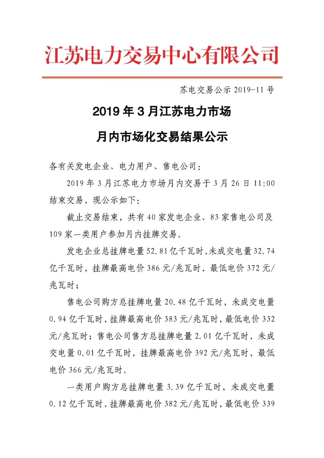 2019年3月江蘇電力市場月內(nèi)市場化交易結(jié)果：成交均價377.53元/兆瓦時
